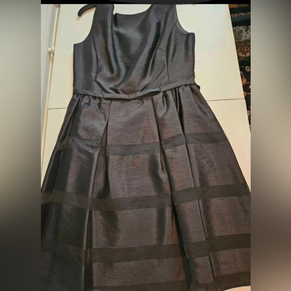 Taylor Nordstrom Black Striped Fit Flare Lined Belted Dress Sz 4 Skater